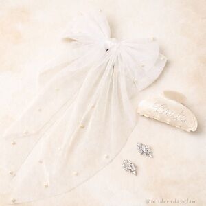 Bridal Bow Hair Set – 3 Piece Pearl Veil Bow Clip Earrings – Bachelorette